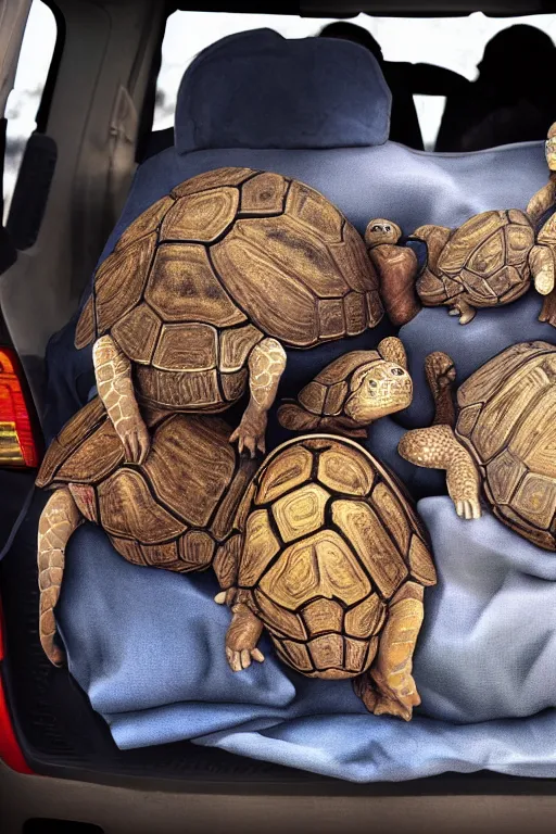 Image similar to tortoise kids crammed in the back of a car, roadtrip, oil on canvas, intricate, 8k highly professionally detailed, HDR, CGsociety