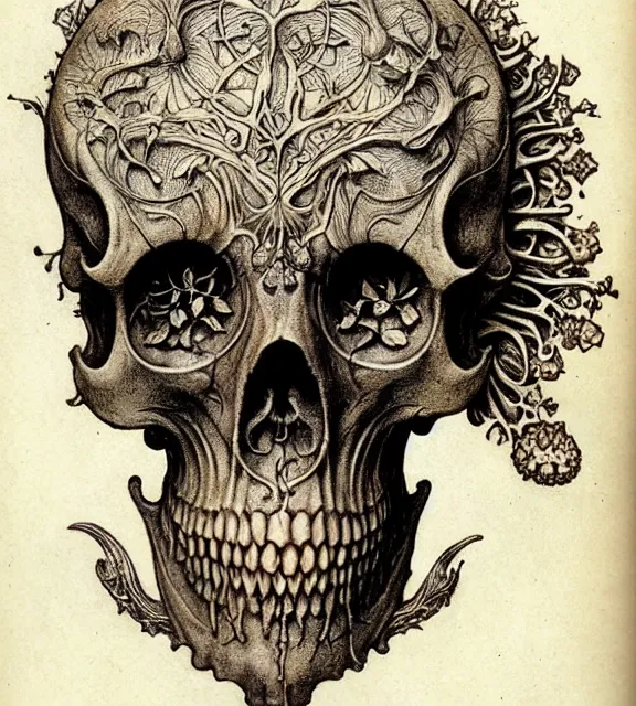 Image similar to memento mori by arthur rackham, art forms of nature by ernst haeckel, exquisitely detailed, art nouveau, gothic, ornately carved beautiful skull dominant, intricately carved antique bone, art nouveau botanicals, ornamental bone carvings, art forms of nature by ernst haeckel, horizontal symmetry, arthur rackham, ernst haeckel, symbolist, visionary