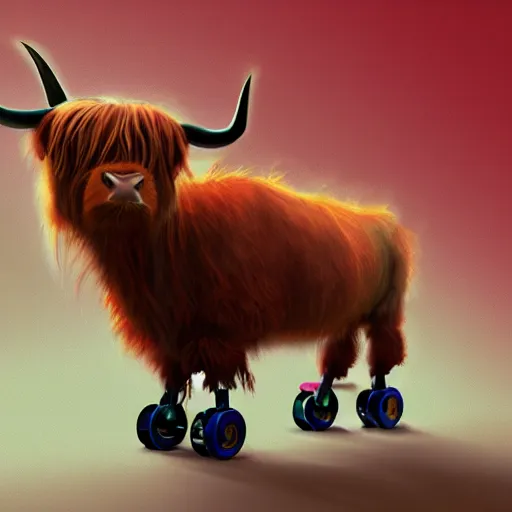 Image similar to a highland cow wearing roller skates, concept art, artstation, cinematic