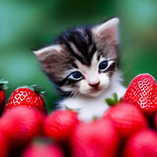 Image similar to macro shot photograph of an extremely tiny baby kitten on top of a strawberry