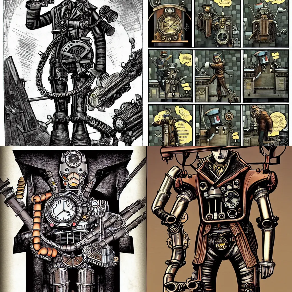 Prompt: steampunk mechanical man comic art