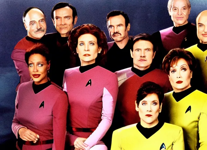 Image similar to a promo photo from a 1 9 8 0 s sci - fi tv programme, star trek tng, deep space nine, star trek voyager, babylon 5, vhs distortion