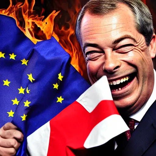 Image similar to nigel farage laughing holding burning eu flag, photograph, hd
