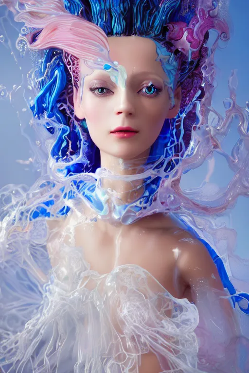 Image similar to an epic puerto rican non - binary model, subject made of white melting porcelain, mesh headdress, flowing dress, with cerulean and pastel pink bubbles bursting out, delicate, beautiful, intricate, melting into vulpix, houdini sidefx, by jeremy mann and ilya kuvshinov, jamie hewlett and ayami kojima, bold 3 d