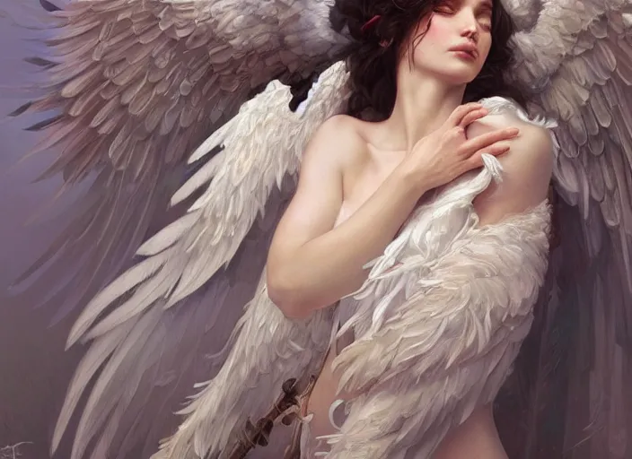 Image similar to a beautiful angel with feathered white wings, d & d, face, fantasy, intricate, elegant, highly detailed, digital painting, artstation, concept art, smooth, sharp focus, illustration, art by artgerm and greg rutkowski and alphonse mucha