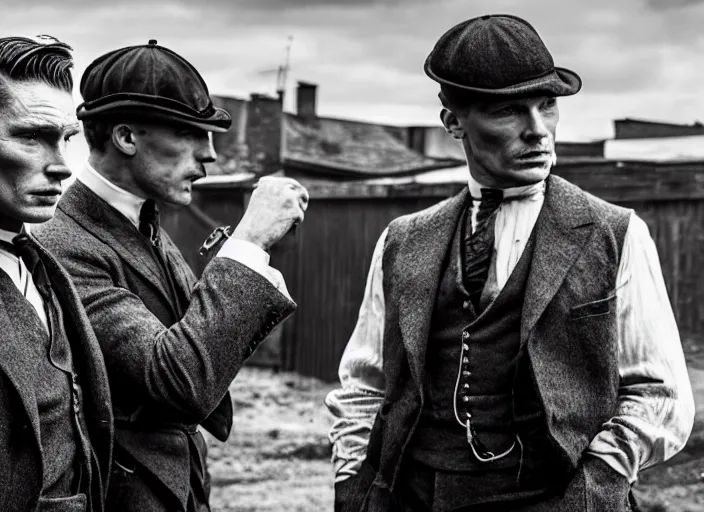 Prompt: an action scene from peaky blinders, medium long shot, 3 / 4 shot, full body picture of cillian murphy and tom hardy, sharp eyes, serious expressions, detailed and symmetric faces, black and white, epic photo by talented photographer ansel adams,