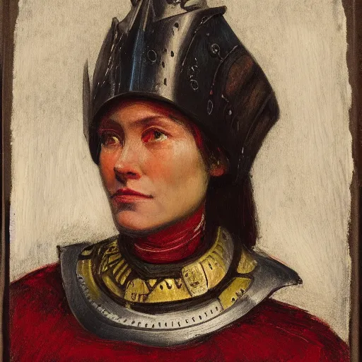 Prompt: head and shoulders portrait of a female knight, incan, tonalist, symbolist, realistic, ambrotype, baroque, lorica segmentata, detailed, modeled lighting, palette knife, viridian and venetian red, angular, squinting, raven