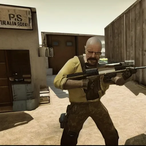 Image similar to walter white with a p 9 0 submachine gun in csgo, video game, third person, shooting at distant targets, high resolution