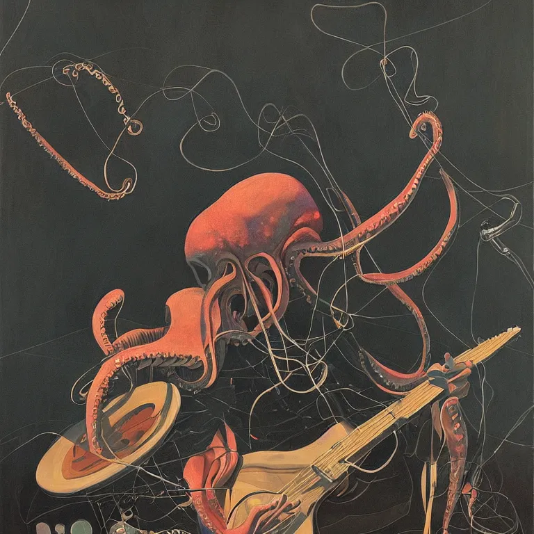 Image similar to a beautiful painting by etam cru of an octopus playing drums and telecaster guitar in an electronic concert, dark background, concert light, dark mood, warm lights