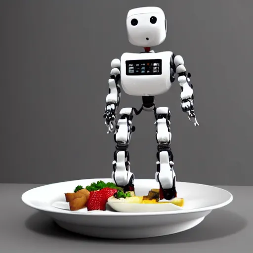 Prompt: a robot walking on the stairs, serving a beautiful breakfast plate, photorealistic, 8K, award-winning