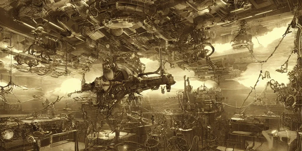 Image similar to cyborg fly in sky steampunk oceanographer study, maps crowding the walls, bookshelves, paintings of ocean topography, sonar equipment, marine biologist lab, bookshelves, incandescent lighting, unreal engine, bibliopunk