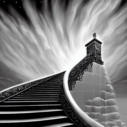 Image similar to A black and white freemasonic chequered surrealist digital painting of a stairway to into the clouds in the art style of jeff koons, Gilbert williams, Edwin Frederic Church and Christopher Balaskas, trending on artstation, 4k UHD