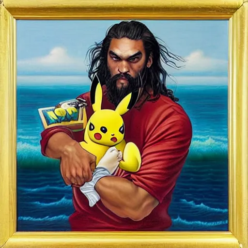 Image similar to Jason Momoa holding Pikachu, lowbrow painting by Mark Ryden