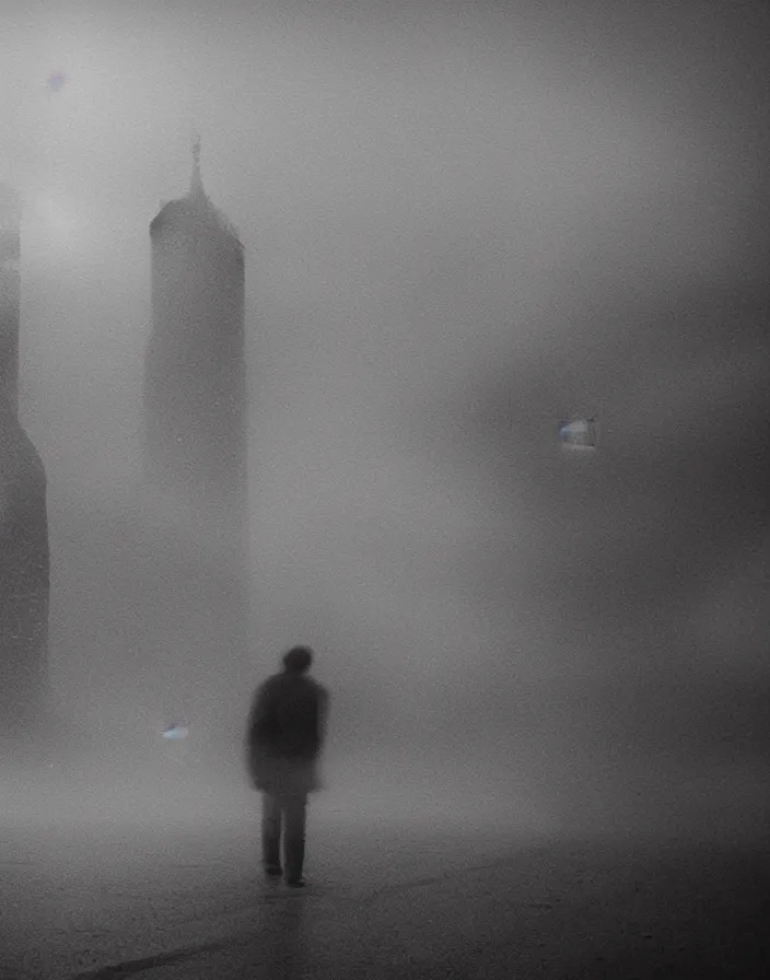 Image similar to very low - resolution found footage of a couple escaping in the city from a starfish kaiju monster, fog, foggy, korean film noir, monochrome, red hue, thriller, underdeveloped, epic, dramatic