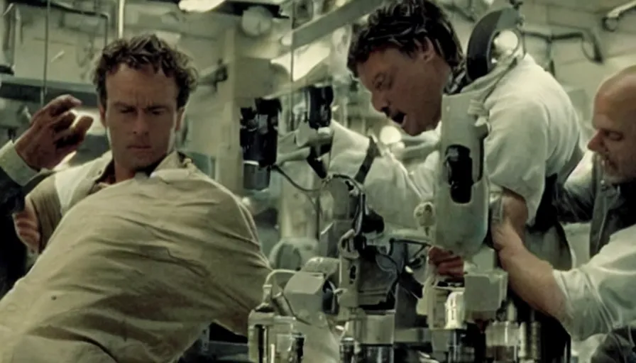 Prompt: Screenshot from a Ridley Scott film, it shows an android in a weapons lab strangling the scientist who created him.