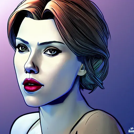 Image similar to scarlett johansson portrait, borderlands, tales from the borderlands, the wolf among us, comic, cinematic lighting, studio quality, 8 k