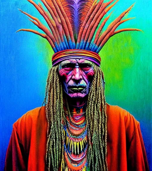 Image similar to Portrait painting in a style of Beksinski mixed with Alex Grey of an old shaman dressed in a colorful traditional clothes.