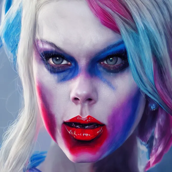 Image similar to portrait of Taylor Swift as a harley quinn in Suicide Squad. intricate abstract. intricate artwork. by Tooth Wu, wlop, beeple, dan mumford. octane render, trending on artstation, greg rutkowski very coherent symmetrical artwork. cinematic, hyper realism, high detail, octane render, 8k, iridescent accents