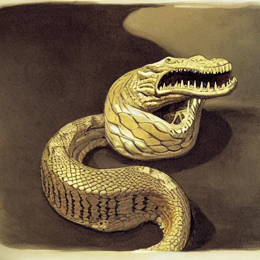 Image similar to coiled rattlesnake neck eyes fangs serpent serpent python wearing a lion lion costume neck tall long snake viper j.m.w. turner greg rutkowski giorgio de chirico william merritt chase ralph steadman arsen savadov dan witz uta natsume aquatint