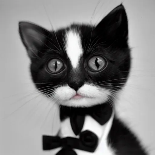 Image similar to a portrait photo of a cute kitten wearing a tuxedo by edward weston, auto graflex, 2 1 0 mm ƒ / 6 4 zeiss tessar, agfa isopan iso 2 5, pepper no. 3 5, 1 9 3 0, high quality photo, highly detailed, studio lighting, fine - art photography, tack sharp