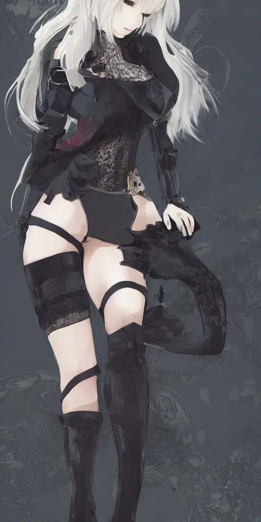 Prompt: 2b Nier Automata, Black lace clothing, blonde hair, attractive woman