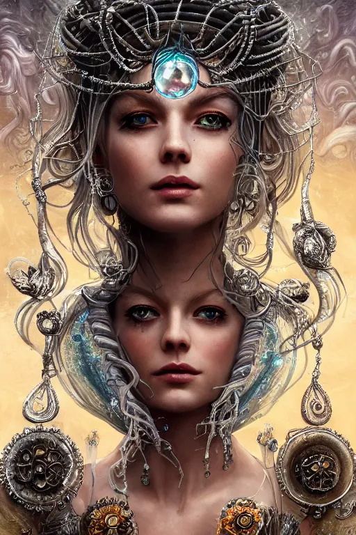 Prompt: a centered render of a wild post apocalyptic goddess with wearing ornate silver and gemstones and crystal clothing surrounded by flowing liquid gallium jellyfish and sacred geometry, perfect body and face, gorgeous, cinematic, beautifully lit, by artgerm, by karol bak, by donato giancola, 3 d, trending on artstation, octane render, 8 k