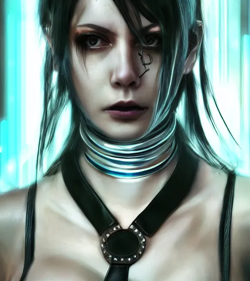 Prompt: detailed realistic female character cyberpunk wearing thick steel collar around neck, realistic, art, beautiful, 4K, collar, choker, collar around neck, punk, artstation, detailed, female, woman, choker, cyberpunk, neon, punk, collar, choker, collar around neck, thick collar, tight around neck, punk, leather collar, cyberpunk,