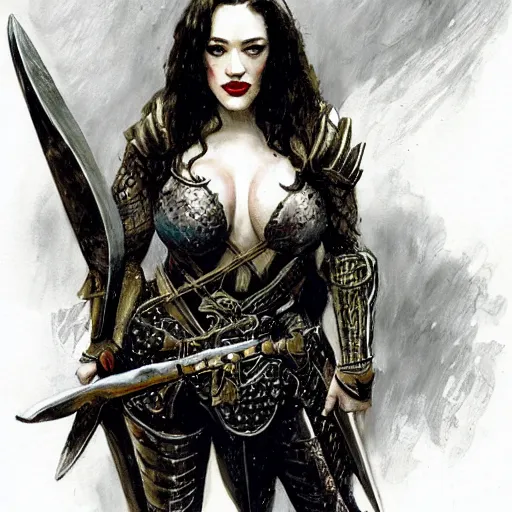 Image similar to portrait of kat dennings wearing armor and holding sword by frank fazetta, fantasy, barbarian