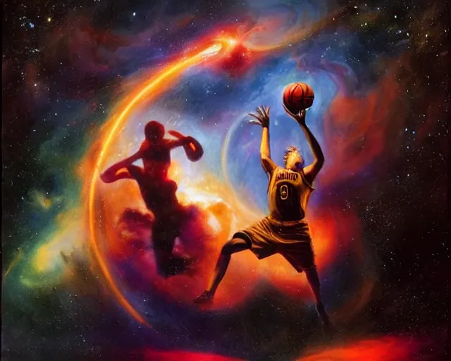 Image similar to cosmic basketball player dunking a basketball hoop in a nebula, an oil painting, by ( leonardo da vinci ) and greg rutkowski and rafal olbinski ross tran award - winning magazine cover