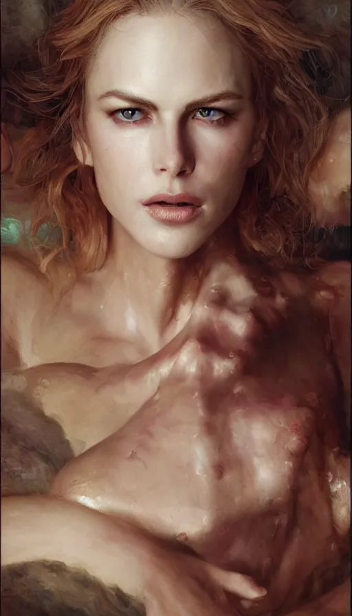Image similar to epic masterpiece nickole kidman, girl, 2 0 years old, sweaty skin, hyperrealistic, octane render, cinematic, beautiful face and flawless skin, perfect hands, 5 fingers, by edgar maxence and ross tran and michael whelan, legends of runeterra