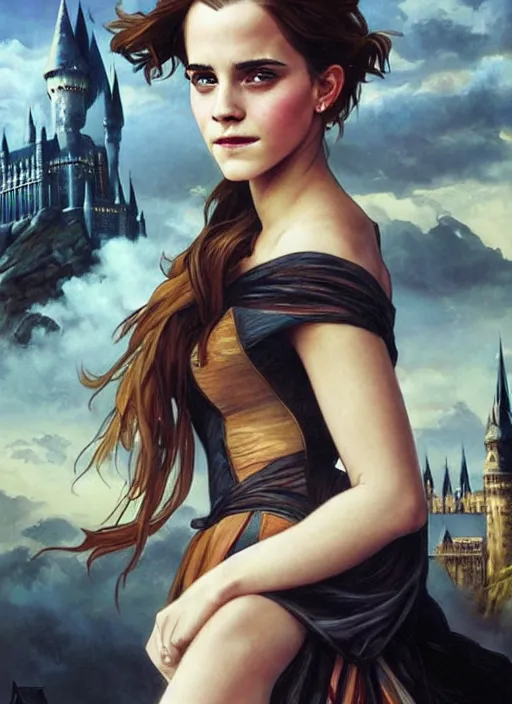 Image similar to oil painting of emma watson giving seductive look. hogwarts in background beautiful detailed face. by artgerm and greg rutkowski and alphonse mucha