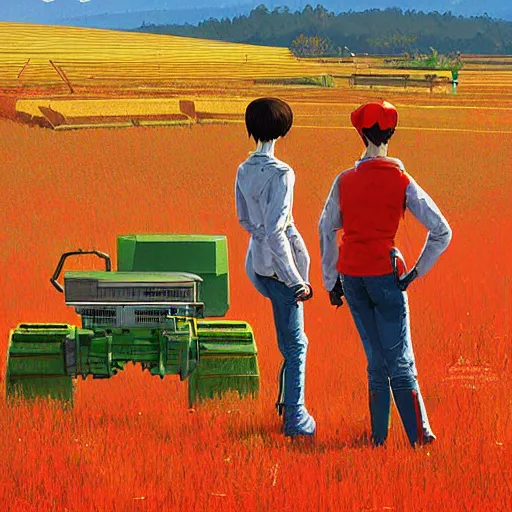 Image similar to Two robot farmers working in the field, detailed art by Ilya Kuvshinov