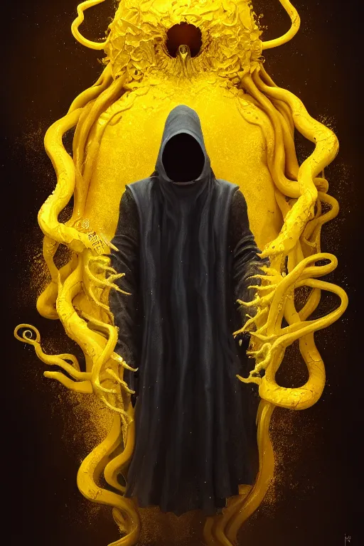 Image similar to A full body portrait of a mysterious character with no face with a very long hooded yellow cloak, a golden crown floating above his head tentacles coming out the ground art by Maciej Kuciara, Lee Griggs and Jason Chan, ominous, cosmic horror, trending on artstation, Ultra detailed, hyper realistic 4k