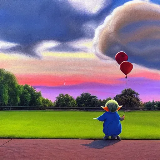 Image similar to eye - level view, shot from 5 0 feet distance, baby yoda plays on a seesaw at the city park. a balloon vender in the background. dramatic clouds, setting sun. golden hour, oil on canvas painting, detailed, depth, volume, chiaroscuro, quiet intensity, serene.