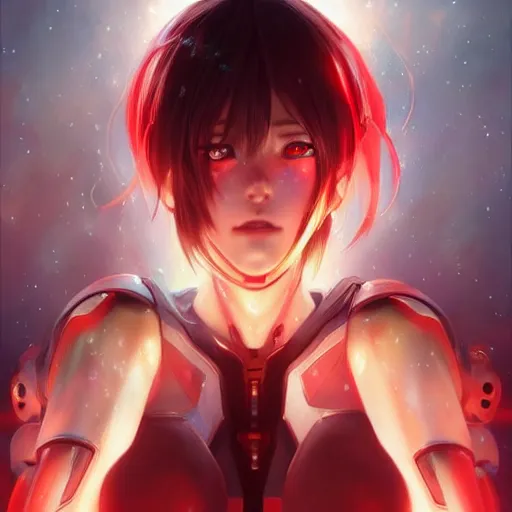 Image similar to A realistic anime painting of a beautiful cyborg woman with glowing red eyes. digital painting by Stanley Artgerm Lau, Sakimichan, WLOP, Makoto Shinkai, Rossdraws, Pixivs, digital painting. trending on Pixiv. SFW version —H 1024