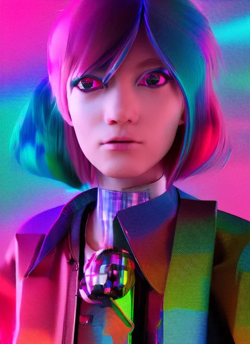 Image similar to a cyberpunk woman with rainbow hair wearing a flared plaid mini skirt, vaporwave, glitch art, 9 0 s vhs aesthethic, digital art by wlop, by hideaki anno, neon lights, octane render, anime style