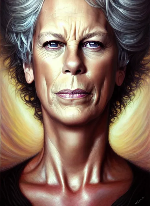 Prompt: jamie lee curtis an angel, aesthetic, fine art, intricate, elegant, highly detailed, realistic hair, centered, digital painting, art station, conceptual art, soft, sharp focus, illustration, artwork, artgerm, tomasz alen kopera, peter mohrbacher, donato giancola, wlop, boris vallejo