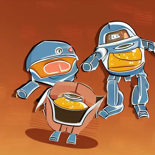 Image similar to a fast food restaurant named rust runned by cute tiny robots, digital art