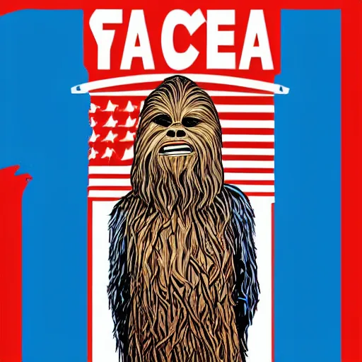 Image similar to chewbacca presidential election poster showing close up of chewbacca face red and blue duotone screenprint by sheperd fairey