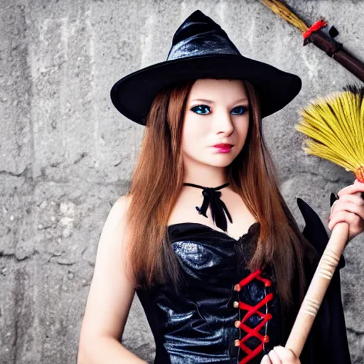 Image similar to young woman witch with magic wand and broom cosplay, she wears boots, full body, beautiful face, photo taken by nikon, 4k, high quality, very detailed, intricant