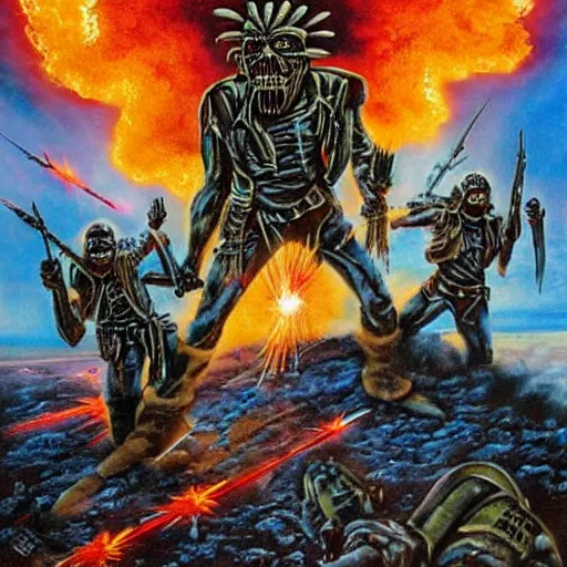 Image similar to iron maiden album cover, science - fiction futuristic apocalyptic war scene with explosions, soldiers firing