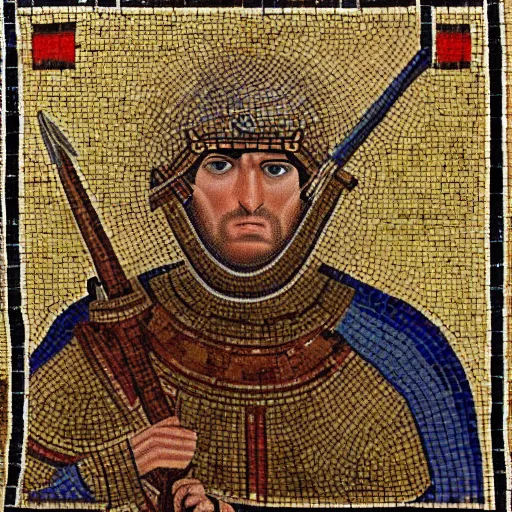Prompt: realistic portrait of a crusader knight, with tanned skin, in a byzantine mosaic, very detailed, very realistic, elegant, top art, renowed artwork