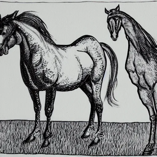 Image similar to horse and a large chicken standing back to back, in a cool pose, childhood illustration, friendly, pen and ink