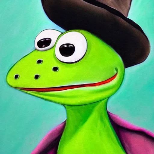 Prompt: A portrait painting of Kermit the Frog in the style of Tim Burton