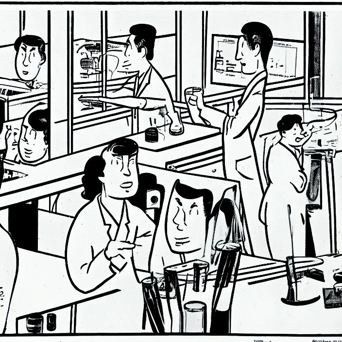 Image similar to a still frame from comic strip, a scientist making funny experiment 1 9 5 0, herluf bidstrup, new yorker illustration, monochrome contrast bw, lineart, manga, tadanori yokoo, simplified,