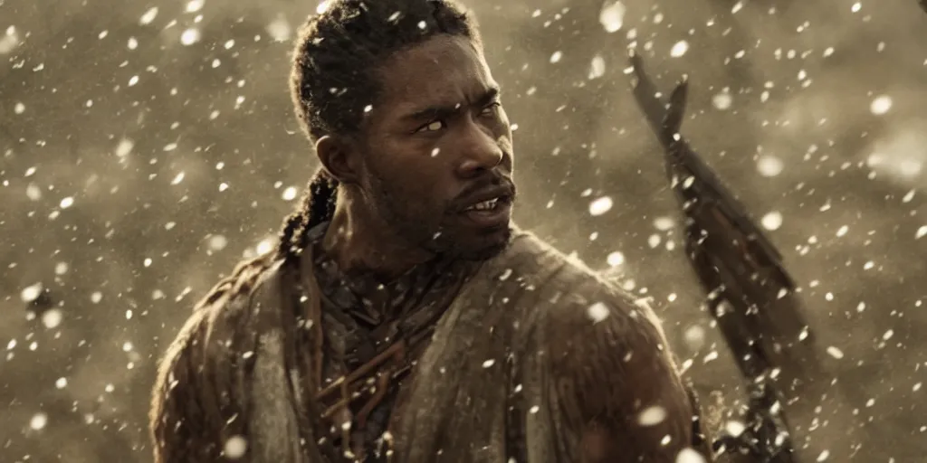 Prompt: a film still of a black man starring in a japanese blockbuster film as ancient samurai, snow falling, shallow depth of field, cinematic, award winning cgi, vfx, film still