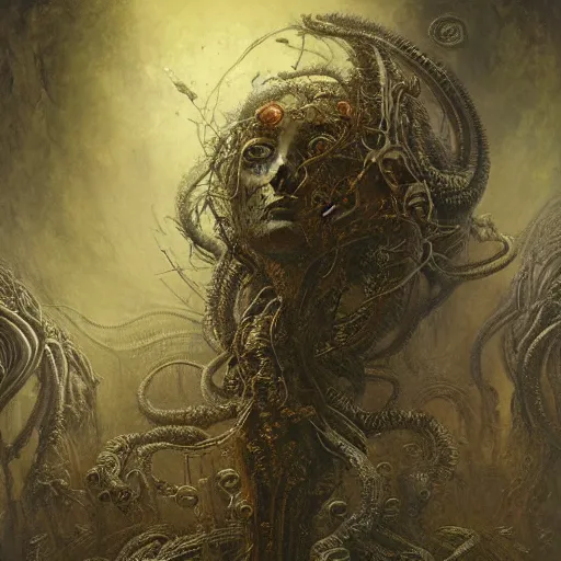 Image similar to biomechanical medusa by gustave dore and gustave moreau and beksinski and giger and craig mullins and jeremy mann