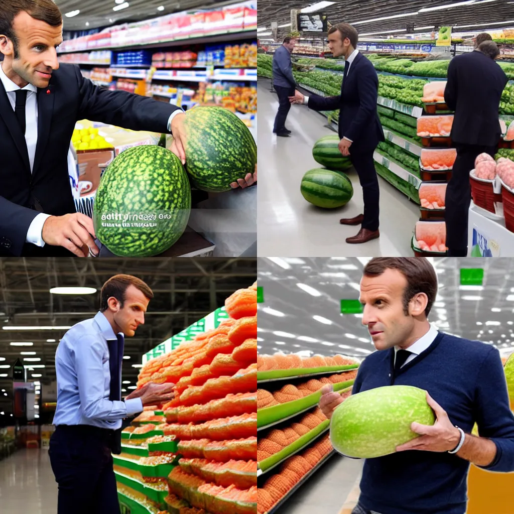 Prompt: emmanuel macron smelling melons at the walmart, photorealistic, professional photography