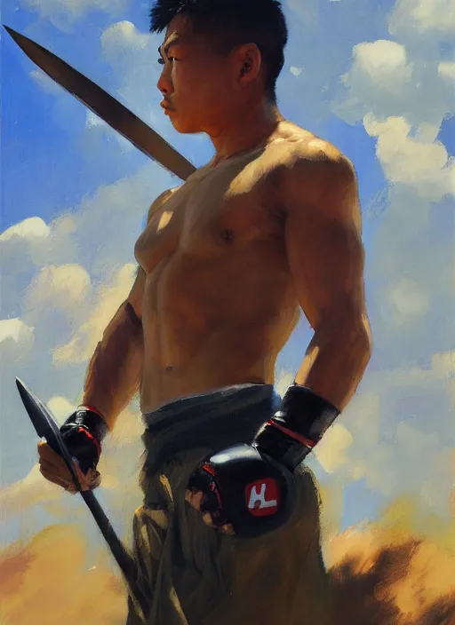 Image similar to greg manchess side portrait of a filipino mma fighter with a sword standing in front of a tank, organic painting, sunny day, matte painting, bold shapes, hard edges, street art, trending on artstation, by huang guangjian, gil elvgren, ruan jia, randy vargas, greg rutkowski