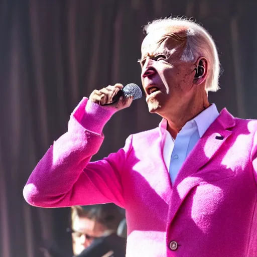 Image similar to photo of joe biden wearing a pink outfit singing into a microphone on a stage at a live concert, exciting, 8 k, very detailed,